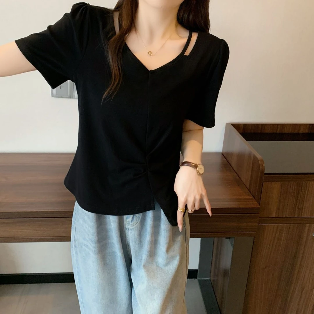 棉质大码不规则正肩短袖T恤女装夏季设计感镂空体恤遮肉显瘦上衣