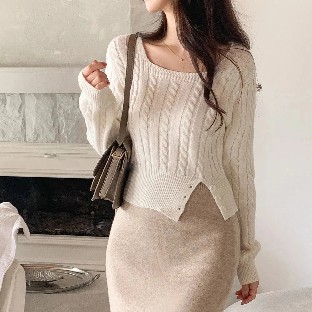 麻花毛衣方领休闲秋冬纯色针织衫下摆单排纽扣开叉打底韩版针织衫