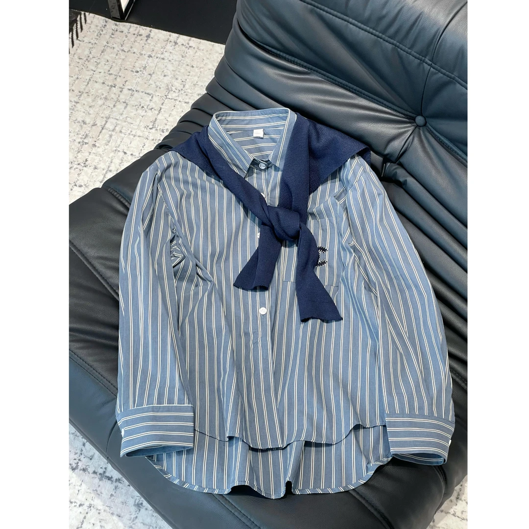 《An ni》【香香】秋季新品时尚海军条纹翻领带披肩衬衫上衣Ani-C349