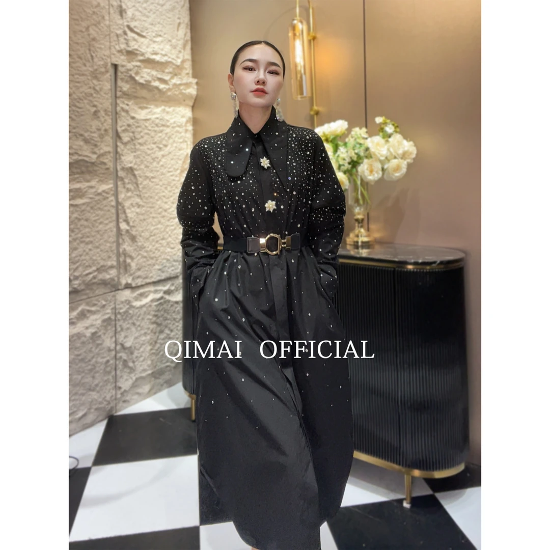 设计感长款长裙烫钻长袖设计师旗袍网红黑色修身裙子