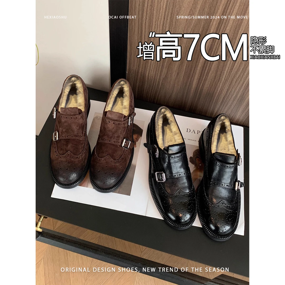 牛皮版复古内增高加绒保暖乐福鞋棉鞋女2025新款英伦风小皮鞋棉鞋