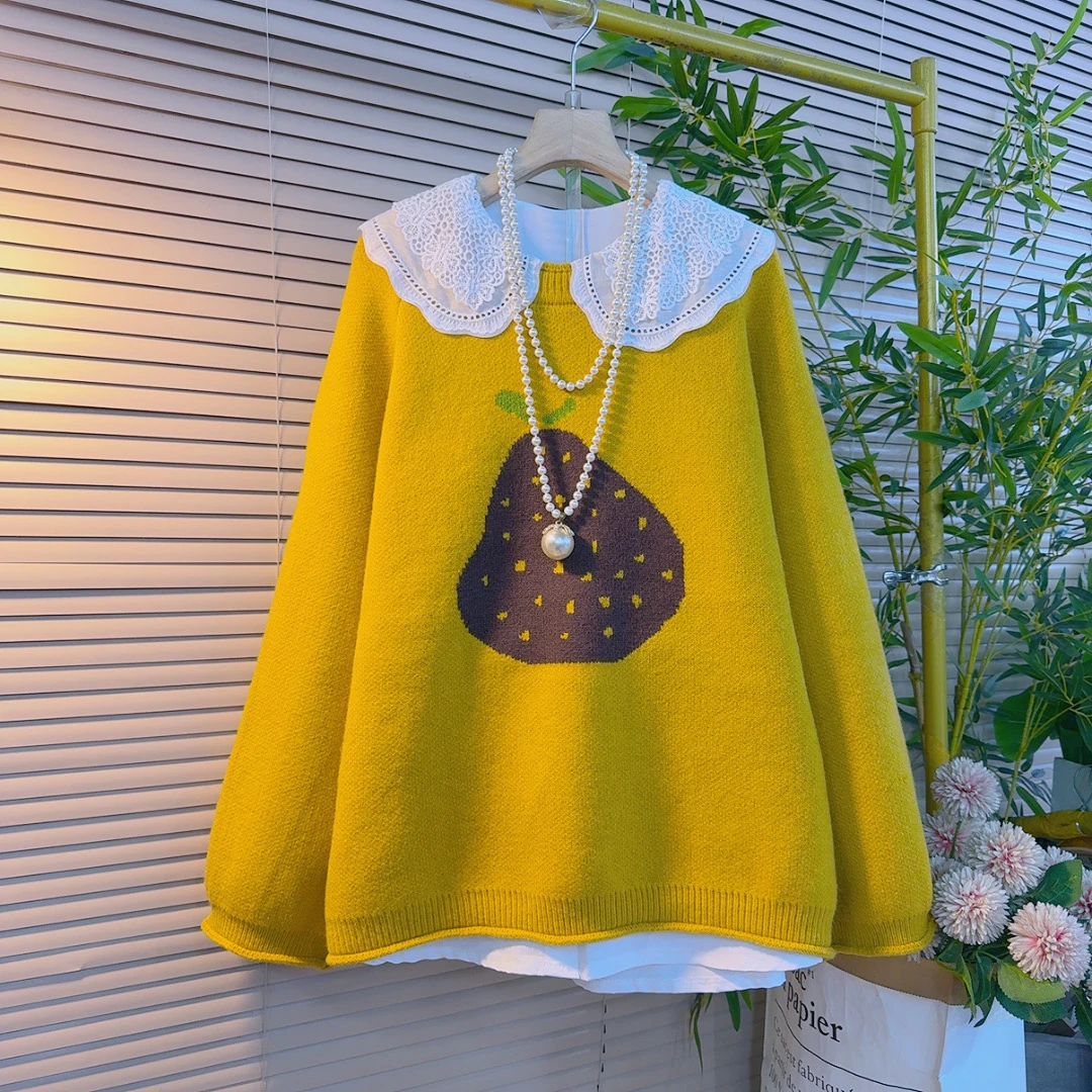 2312胖mm欧货韩系宽松慵懒风休闲简约套头可爱设计感套头针织衫