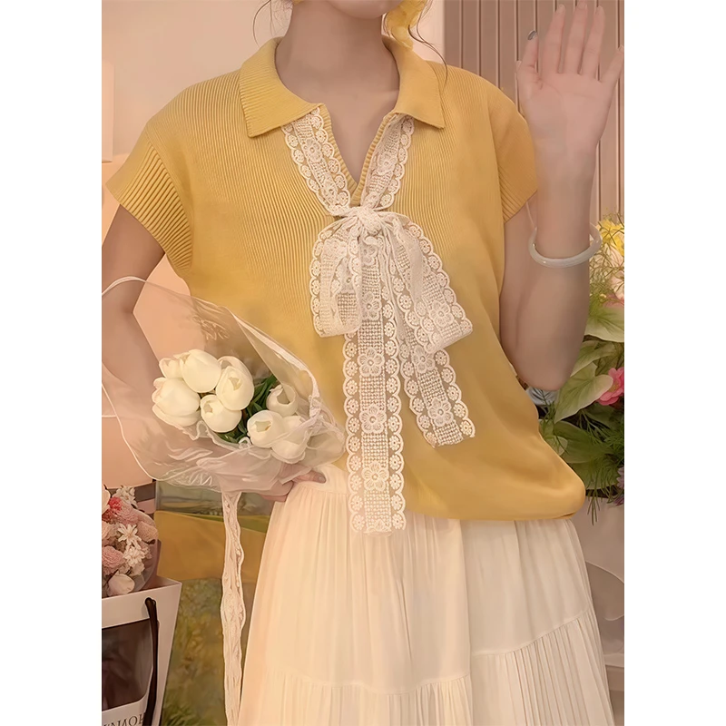 2025夏天多巴胺polo领休闲洋气拼接蕾丝上衣时尚宽松短袖针织衫女