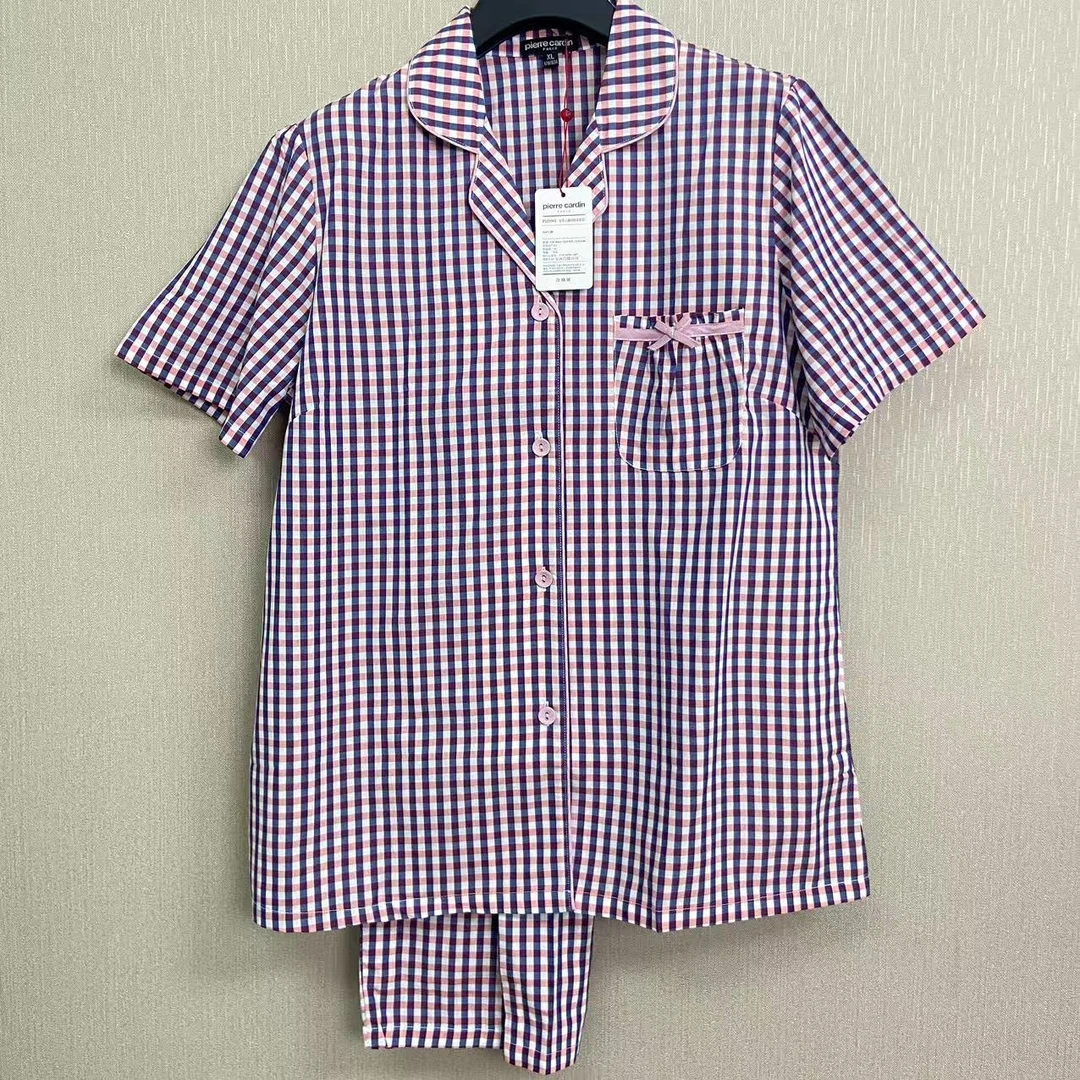 皮尔卡丹夏季女款格子翻领睡衣套装家居套装休闲舒适宽松P223302