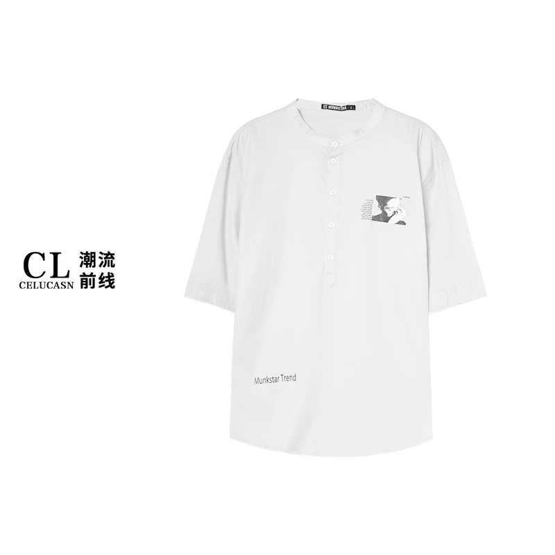 春7CI3031#男士衬衫夏季立领薄款衬衫中袖印花潮流简约休闲百搭秋