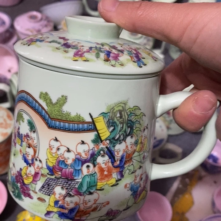 摆件陶绿稀土彩童子办公杯 带茶漏