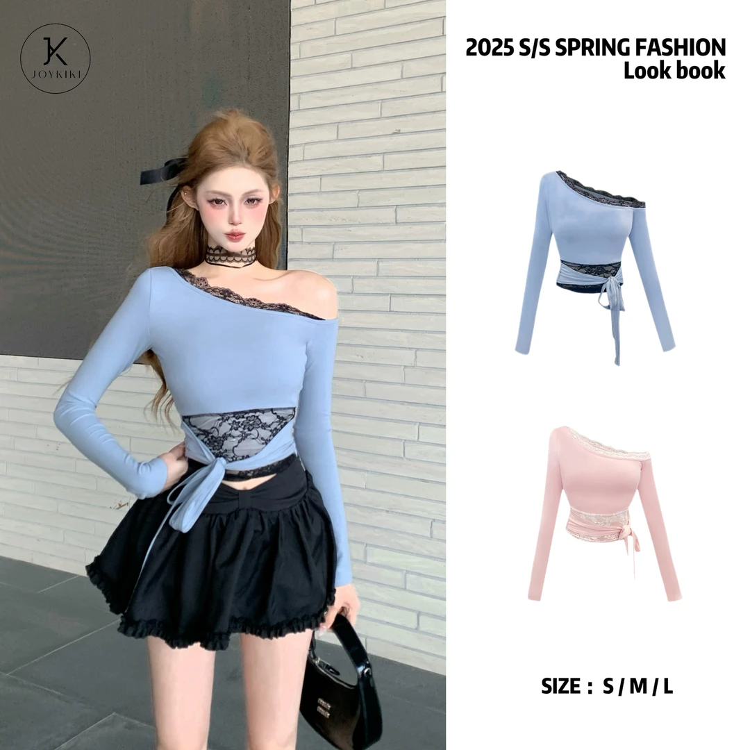 JOYKIKI金金【慕斯女神】春季运动风拼接蕾丝设计感上衣J25A003