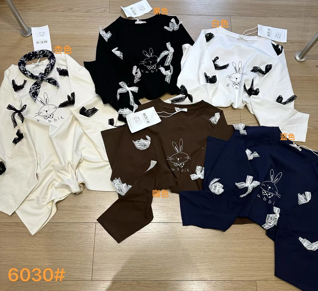 叨叨推荐款 KOU#6030#蕾丝蝴蝶结小兔子T恤长袖（春季新款）FL