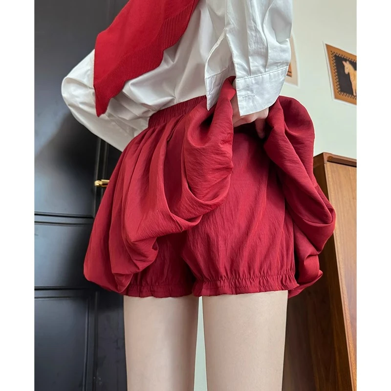 红色花苞短裙女夏季薄款小个子南瓜a字蓬蓬裙高腰防走光半身裙裤