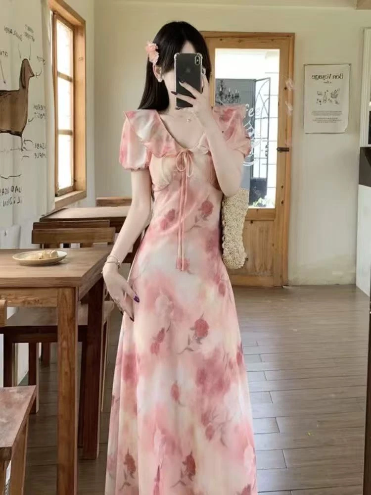 【现货+运费险】粉色初恋法式浪漫碎花连衣裙女夏气质收腰显长裙