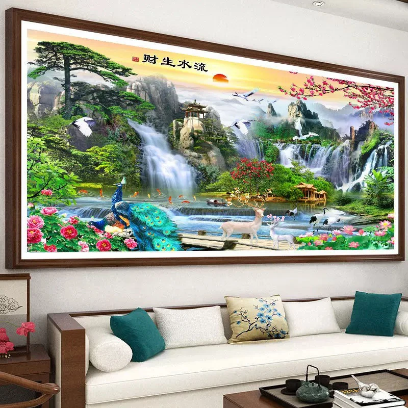 1.8大格纯手工绣好十字绣成品0821/0822流水生财山水画客厅挂画