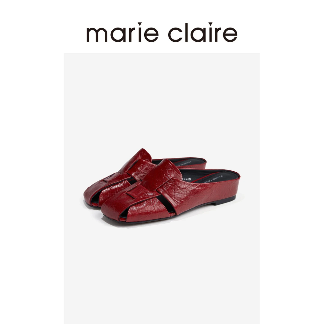 MC女鞋浆果红牛皮罗马穆勒拖小众斜方头宽面编织marieclaire女鞋