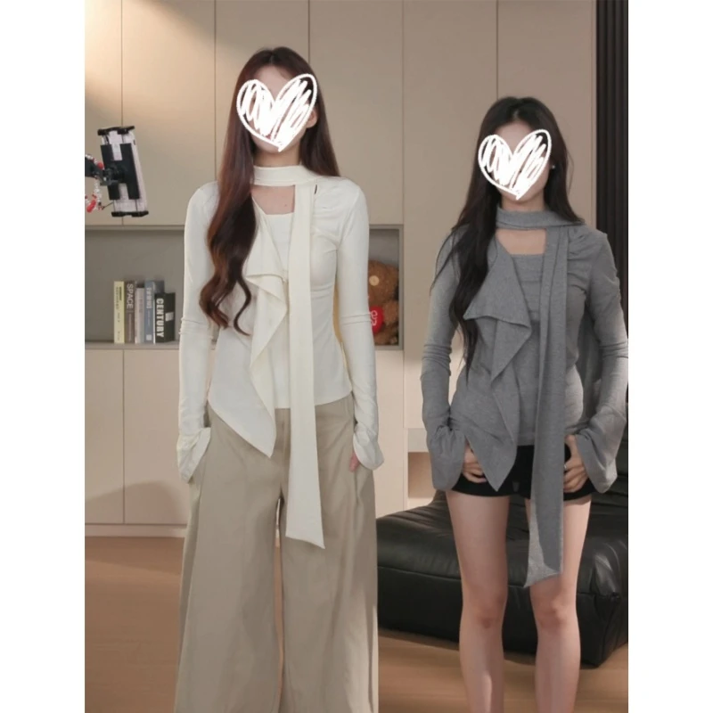 设计感荷叶边飘带长袖T恤女装秋季别致百搭修身显瘦上衣