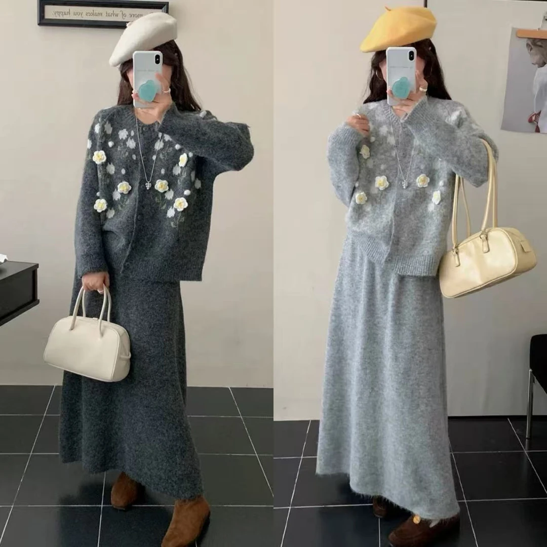 秋冬新款慵懒小香风花朵刺绣半身裙套装针织衫两件套