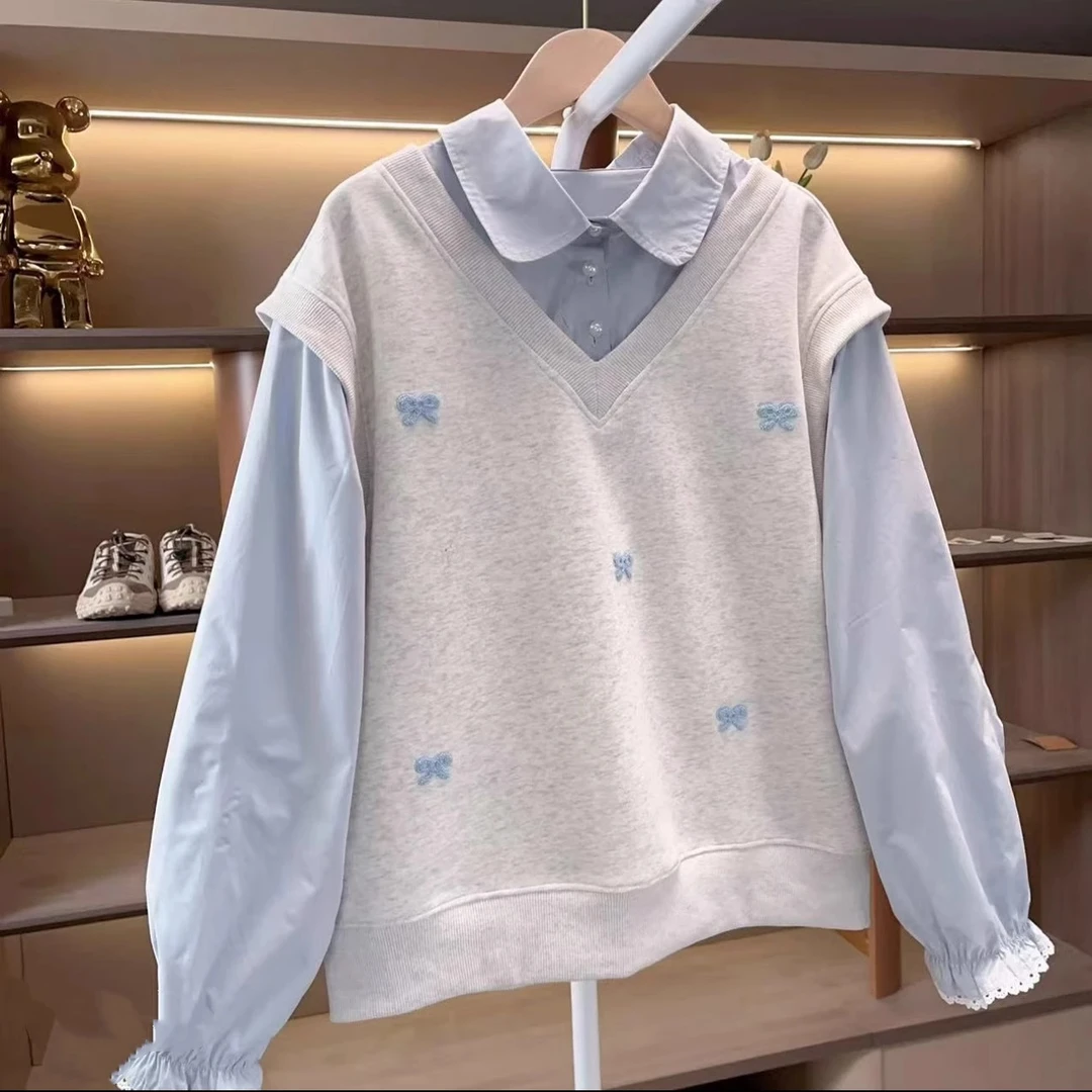 衬衫领假两件卫衣春秋装2025新款女孩学院风可爱超萌儿童衣服