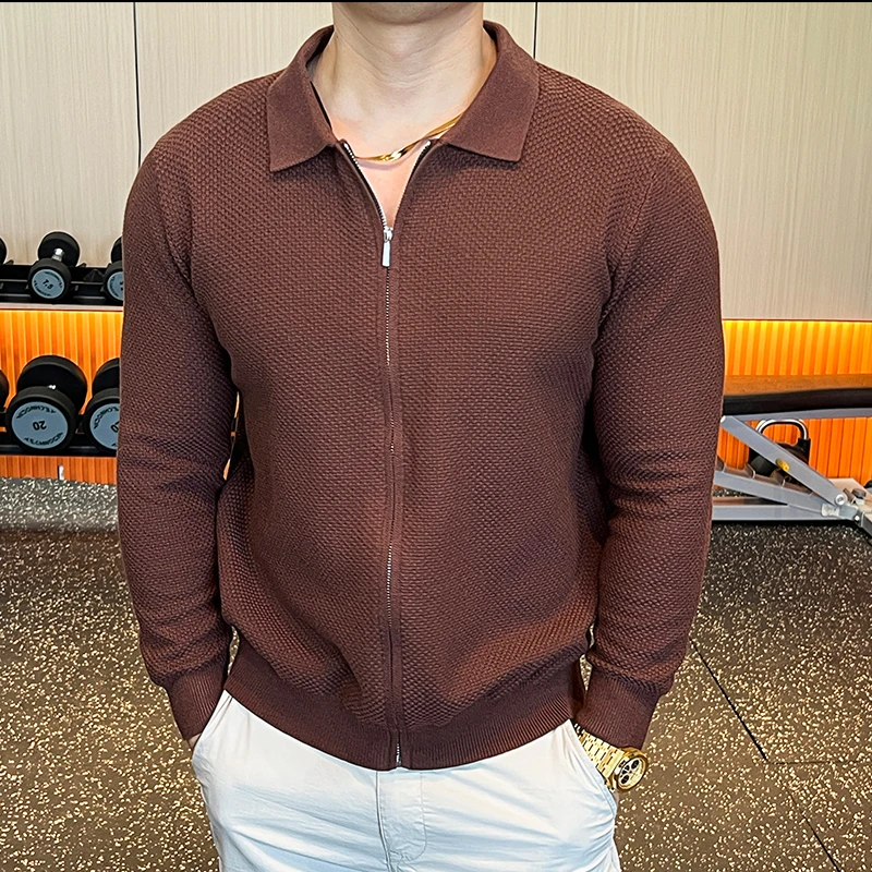 新款秋冬男士翻领休闲毛衣针织衫长袖上衣时尚半拉链polo衫商务