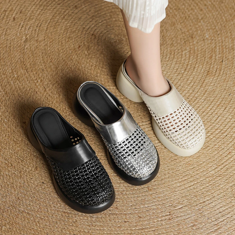 牛皮/6cm/时尚百搭小个子增高跟粗跟厚底外穿真皮包头拖鞋女鞋