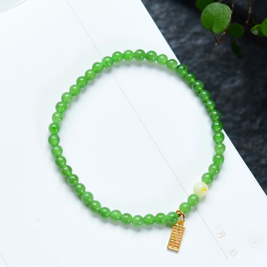 和田玉手串碧玉手链女4mm天然俄料蜜蜡苹果绿色珠链圆珠阳绿手链
