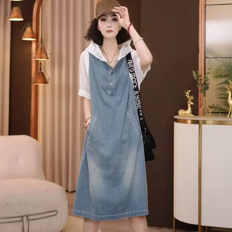 8877-5690夏季新款韩版2025宽松休闲大码拼色连帽牛仔连衣裙女