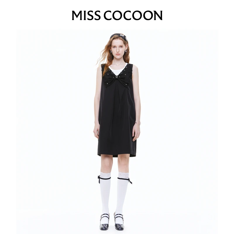 MISSCOCOON可可尼蕾丝拼接裙子2025夏季新款背心裙黑色连衣裙女