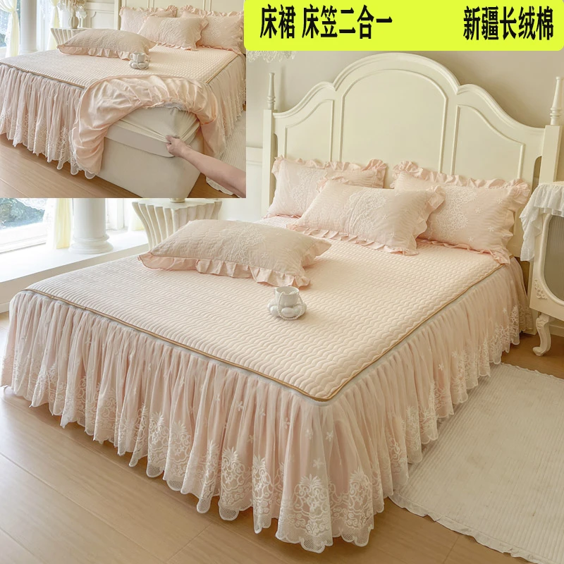 全棉床笠式床裙三件套可拆洗床罩新疆长绒棉蕾丝公主韩版纯棉床套