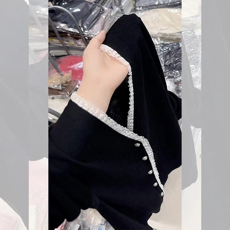 法式小香风长袖针织衫女春秋韩系蕾丝边V领宽松上衣黑色开衫外套
