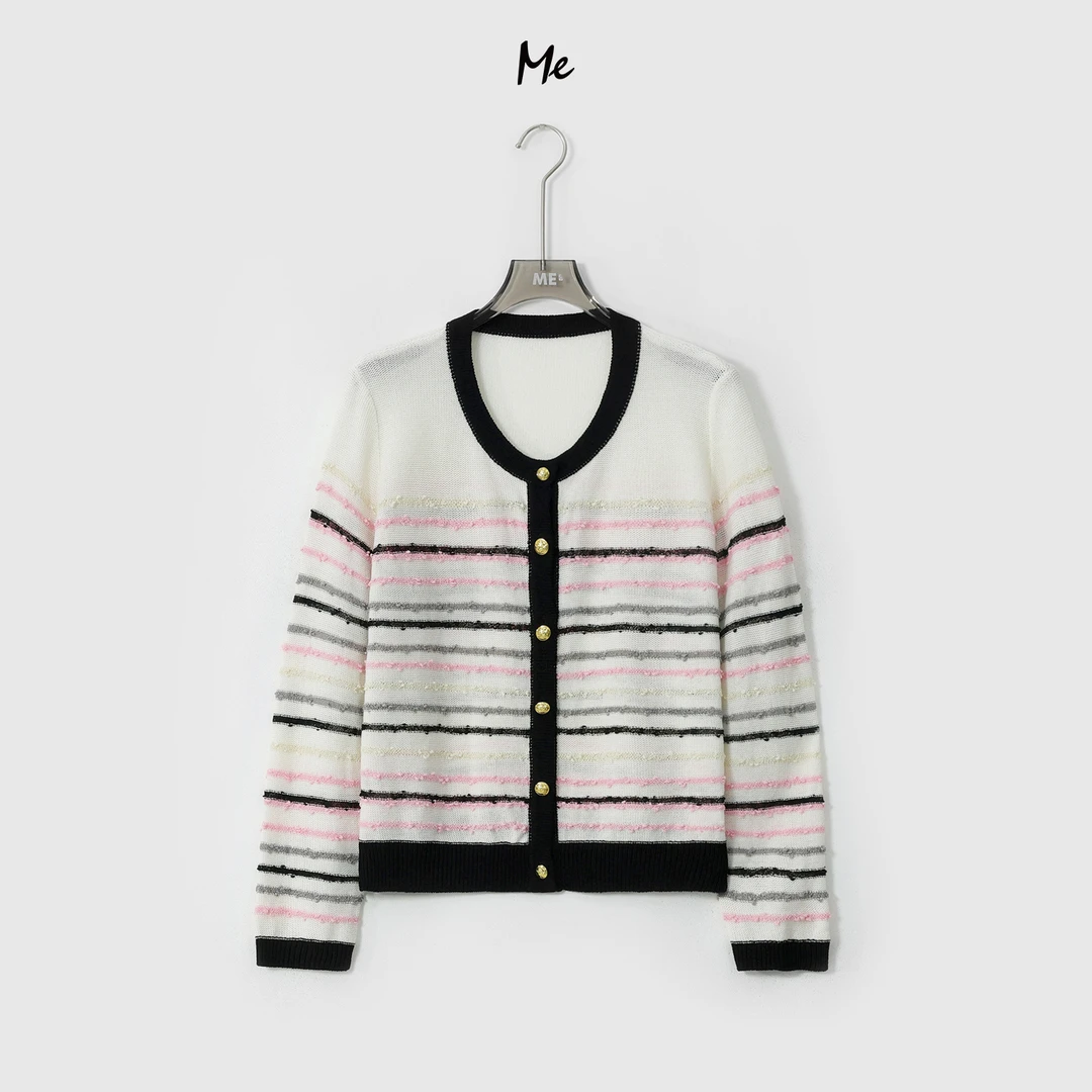 ME【粉墨小香开衫】天丝亚麻混纺老钱颗粒结时尚百搭毛衣MESA0285