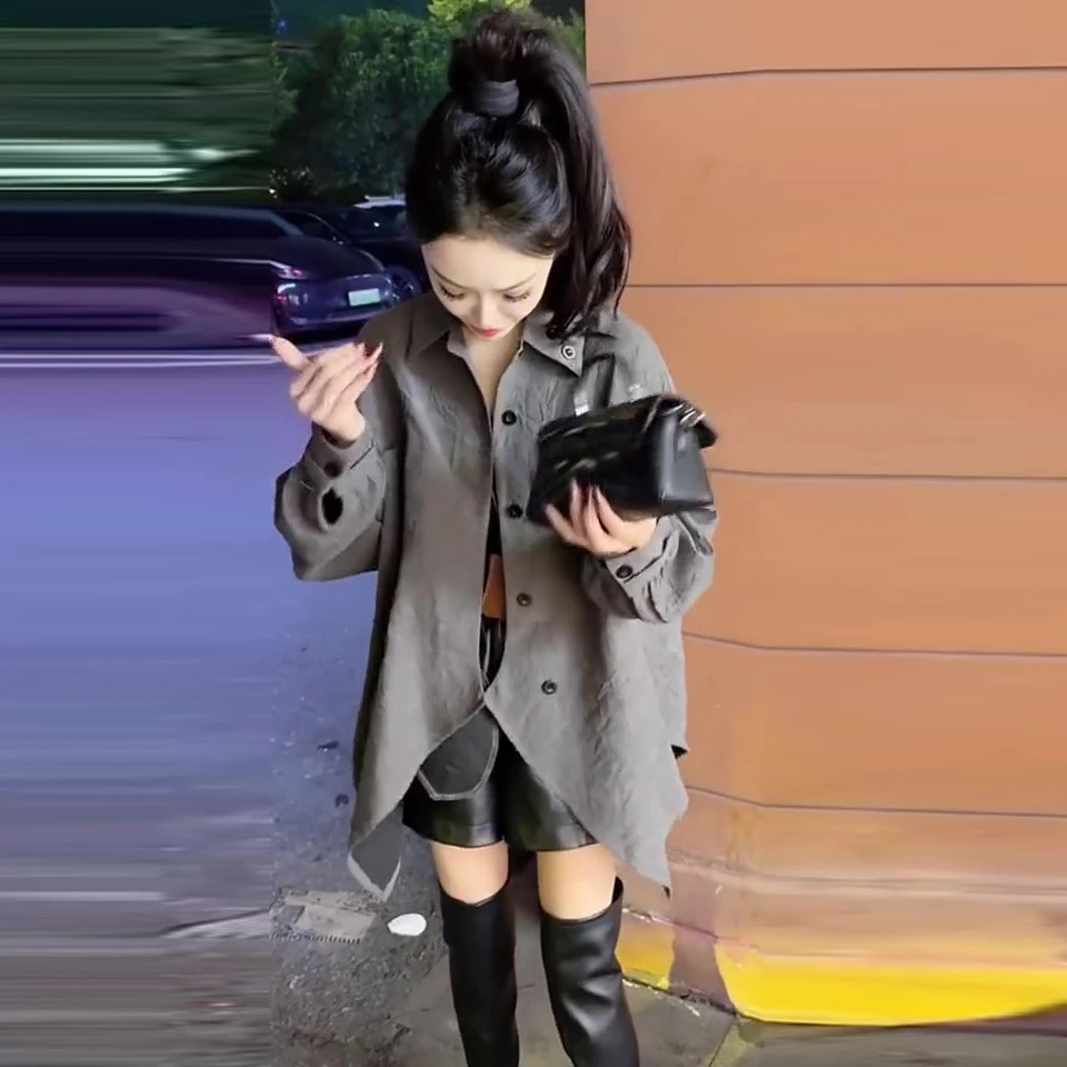 时尚减龄欧若风不规则衬衫女秋韩版高级感慵懒风宽松显瘦外套上衣