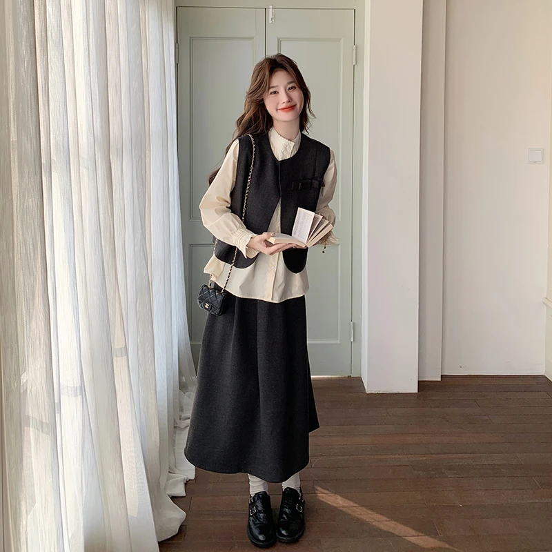 超火老钱风西装马甲套装裙女春秋衬衫三件套韩系减龄爆款超好看