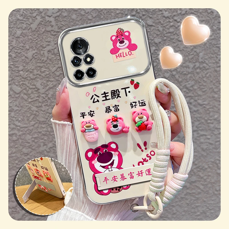 适用【荣耀v40轻奢版】手机壳粉色草莓熊大视窗折叠支架硅胶女可爱