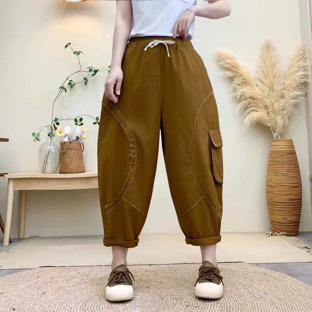 2025春夏薄款松紧哈伦裤明线大口袋时尚九分百搭休闲裤