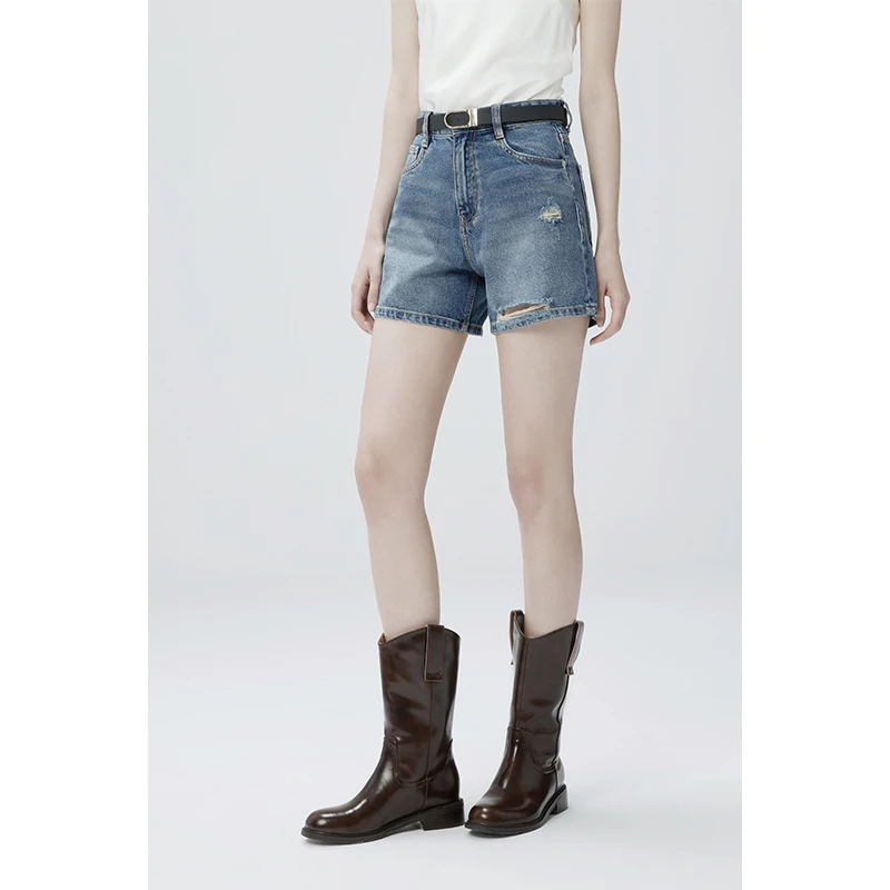100%棉薄款牛仔短裤女款夏季新款小个子百搭高腰显瘦破洞热裤