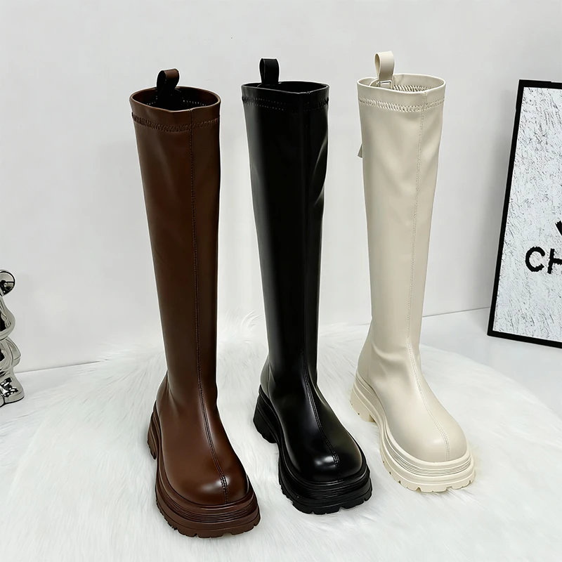 增高5cm 白色靴子2025新款显瘦长筒靴秋冬高筒靴小个子不过膝长靴