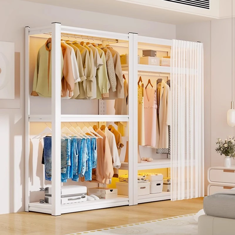落地式衣帽架卧室家用挂衣家用收纳柜简易组装角钢衣柜双层挂衣架