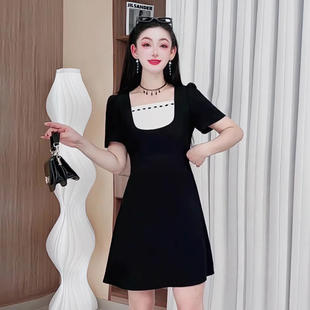 3659大码法式黑色连衣裙女夏季新款气质赫本风显瘦减龄A字收腰裙