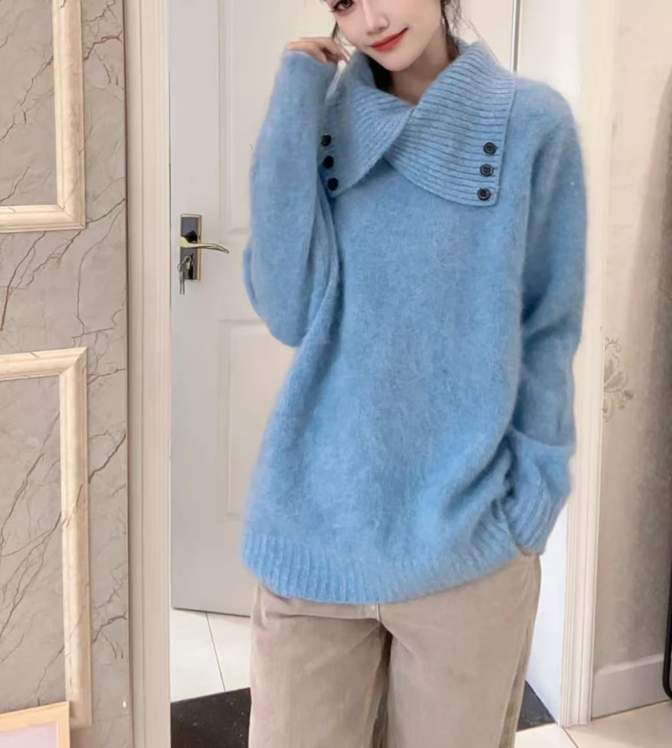【100山羊绒】拉绒工艺251517-韩系设计感时尚翻领带扣子针织套头衫