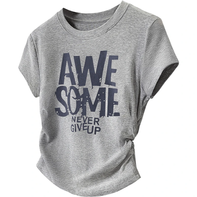 丝柏舍2025夏季新款女装时尚修身收腰短袖圆领印花T恤S52X4765T