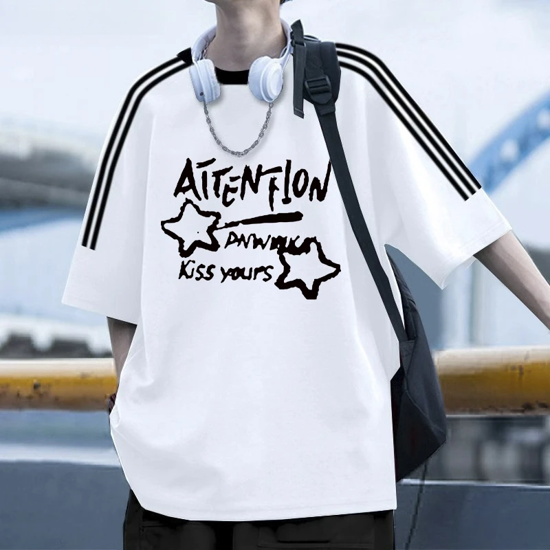 300斤特大码港式休闲个性设计纯棉三杠短袖t恤男女夏季百搭打底衫