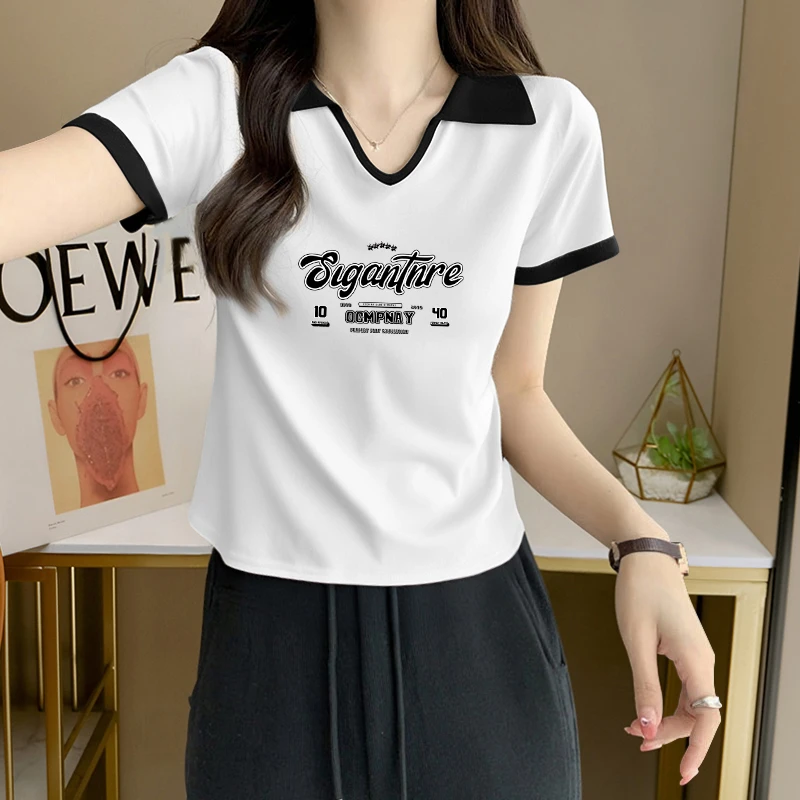 纯欲风辣妹修身显瘦短袖T恤女士夏季新款设计感撞色翻领印花上衣