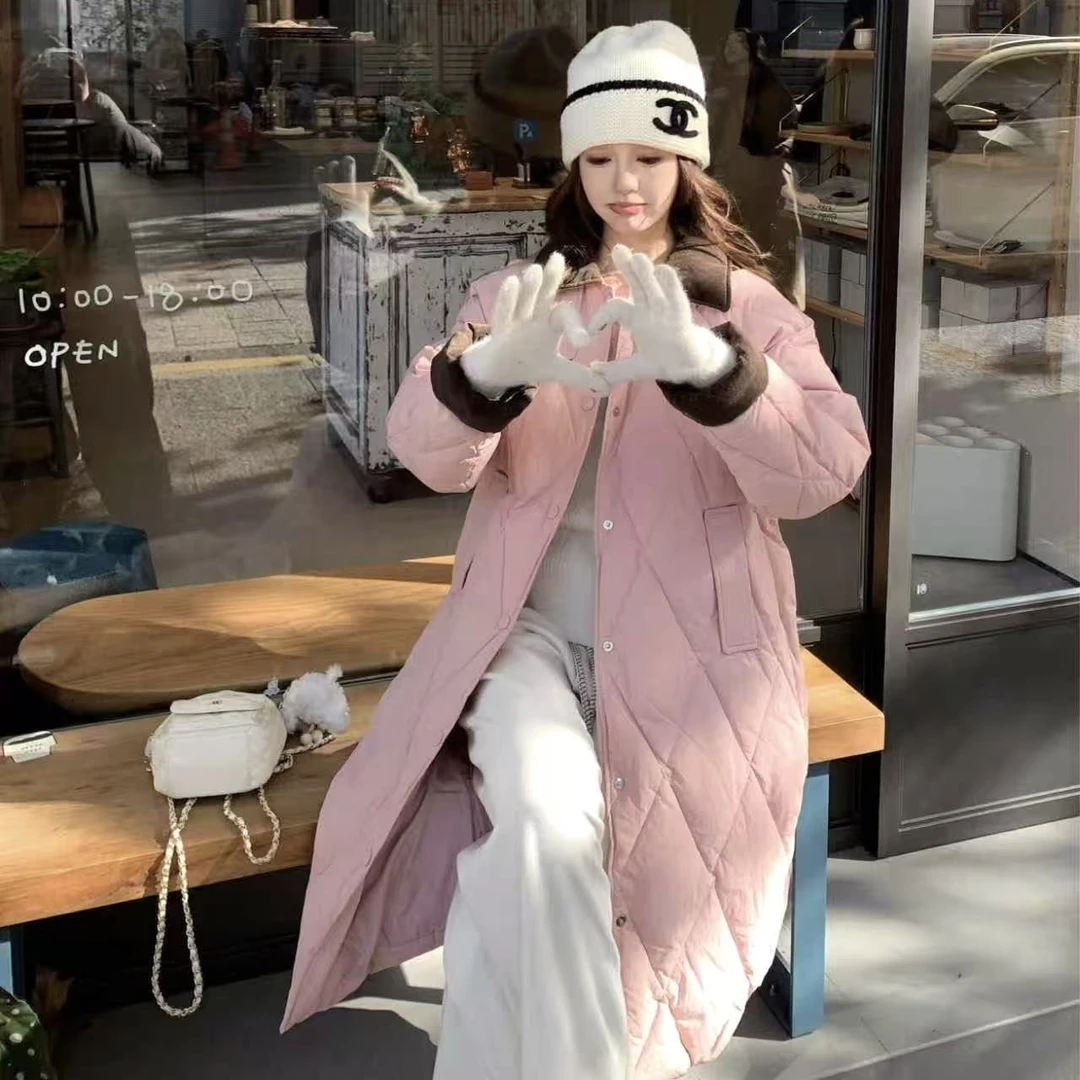 韩版新国标90%白鸭绒过膝中长款菱形格宽松加厚显瘦保暖外套女NN