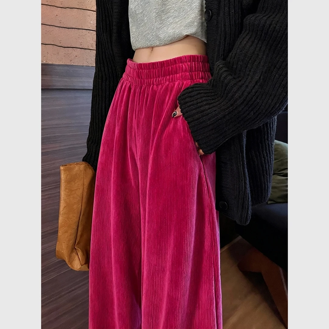 树莓粉色高端灯芯绒裤子女韩系慵懒风宽松阔腿裤小个子显高休闲裤