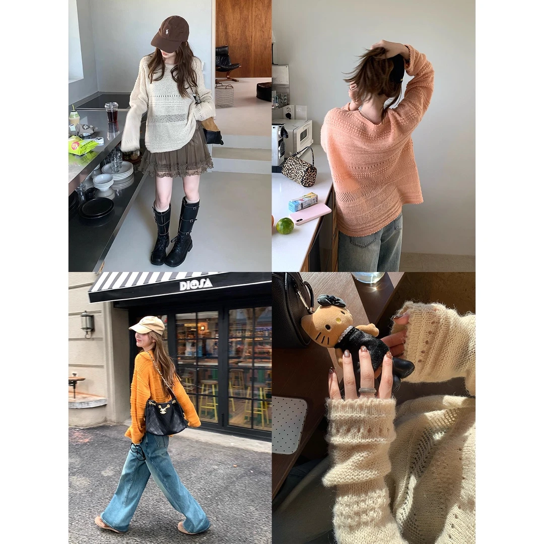 【闲暇周末】马海毛镂空提花圆领针织衫女早秋新款宽松慵懒针织罩衫