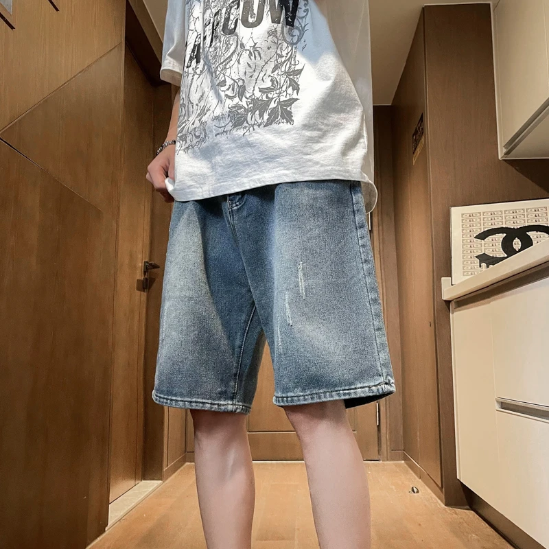 美式街头港风复古牛仔短裤男夏季潮牌宽松五分裤休闲百搭直筒中裤