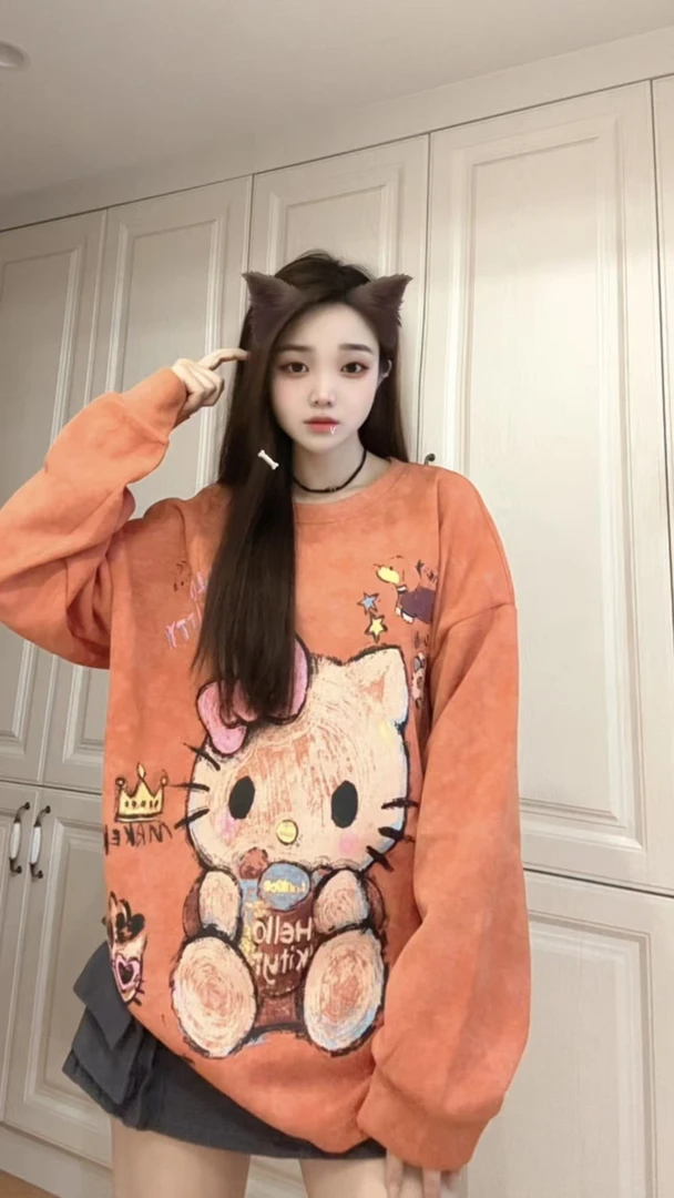 [304不加绒卫衣]新款橙色蒂猫圆领甜美减龄卡通宽松休闲卫衣