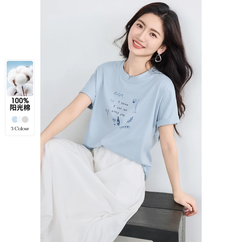 时尚印花简约通勤圆领落肩短袖宽松显瘦100%阳光棉T恤E2465