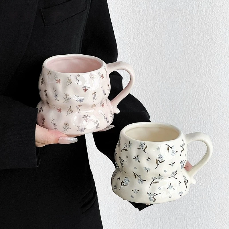 小清新碎花手捏马克杯办公室家用陶瓷喝水杯ins风小众陶瓷马克杯