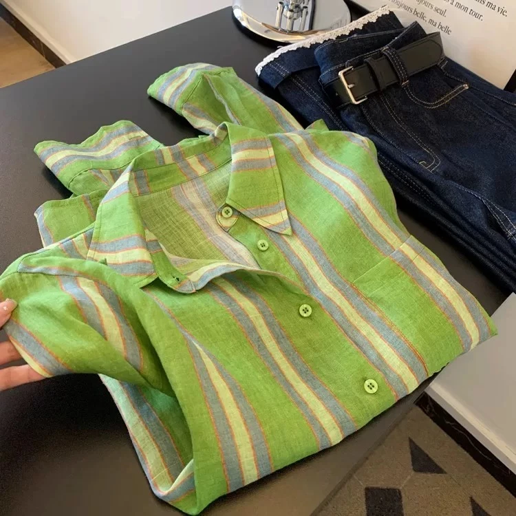 韩版单排扣拼色设计感绿条纹衬衫女2025夏季薄款百搭防晒长袖上衣