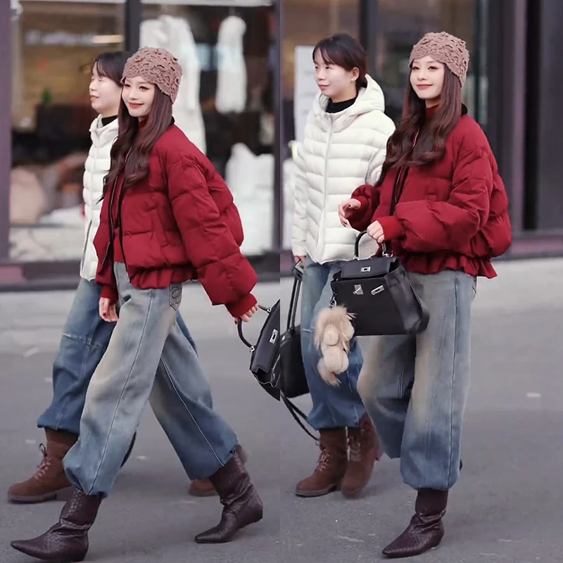 本命年穿搭2025年秋冬新款百搭韩系棉服外套高腰牛仔裤两件套装