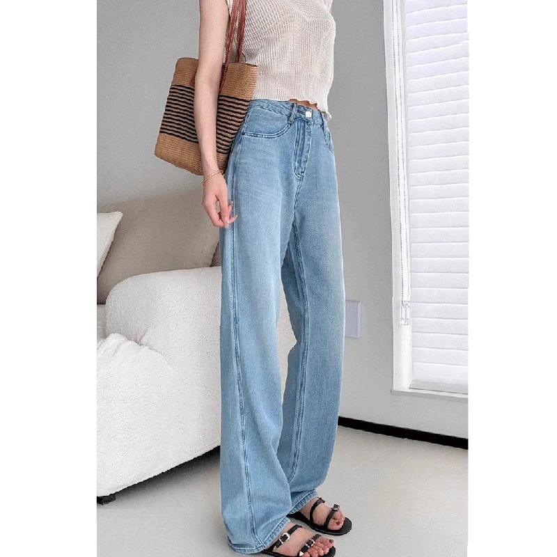 轻薄弹力软牛仔裤女夏天薄款高腰窄版直筒宽松垂感显瘦阔腿加长裤