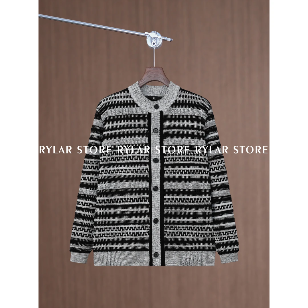 『Rylar』复古慵懒风秋冬精棉混纺撞色条纹宽松针织开衫外套男